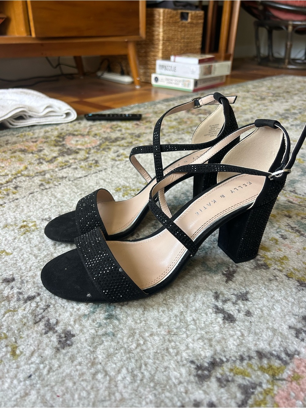 Kelly & Katie Black Strappy Block Heel Sandals with Rhinestone Detail